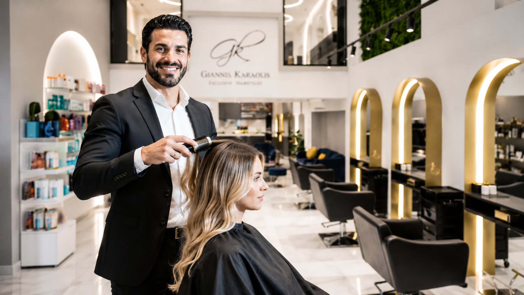 Giannis Karaolis styling a blonde client's hair inside the Paphos salon under the GK signature logo